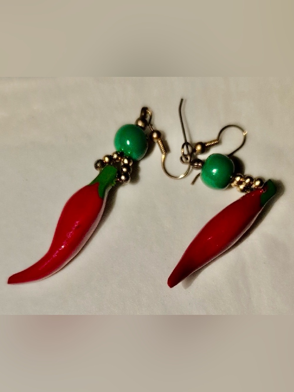 Earrings Red Hot Chili Peppers 🌶️ w green & gold beads. Drop, pierced, wires.
